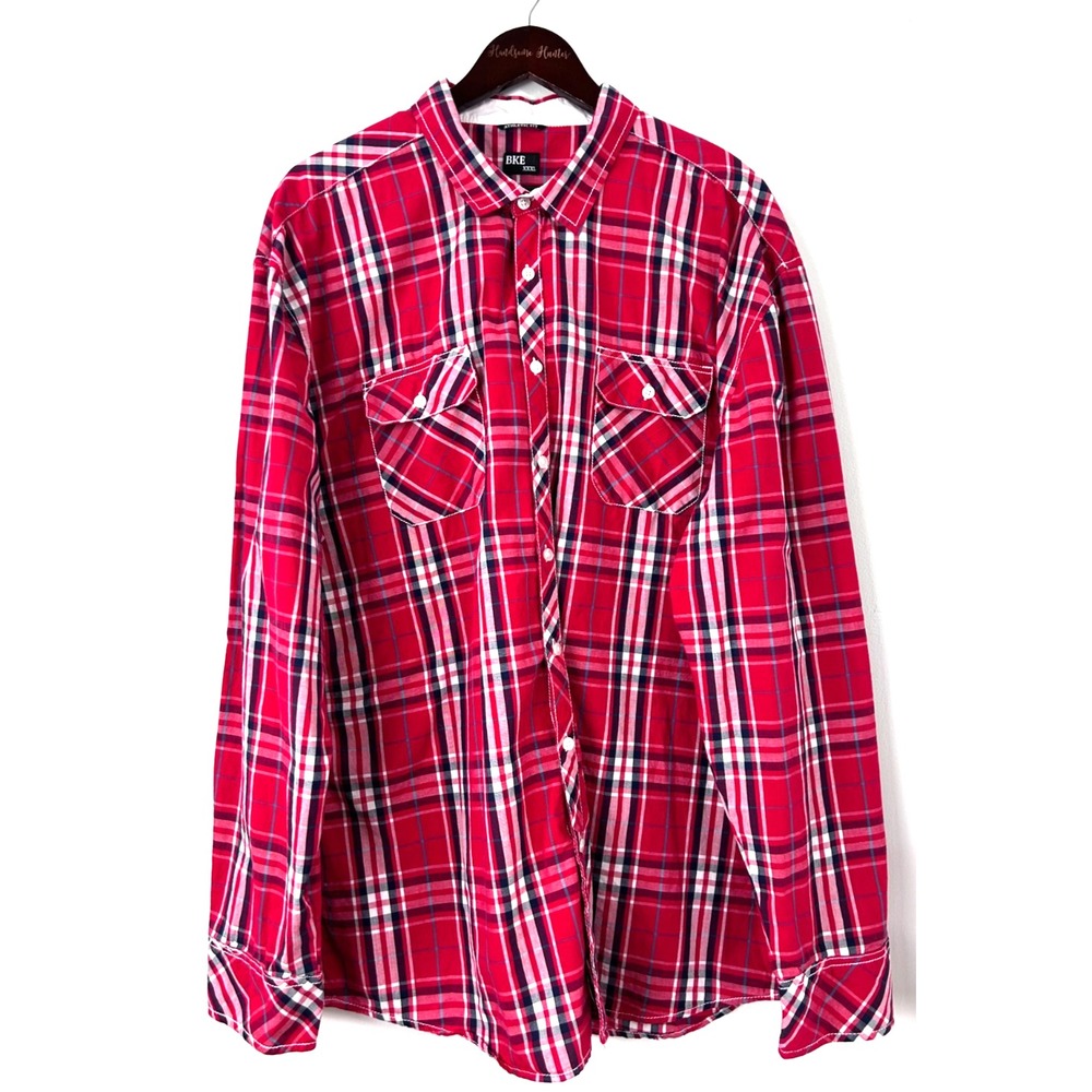 BKE Athletic Fit Mens Long Sleeve‎ Button Up Shirt Red Plaid Size XXXL 1311N4